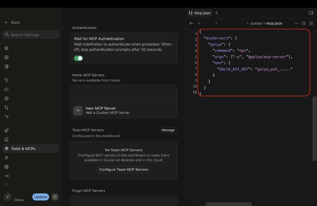 mcp.json open in Cursor with Galya config pasted
