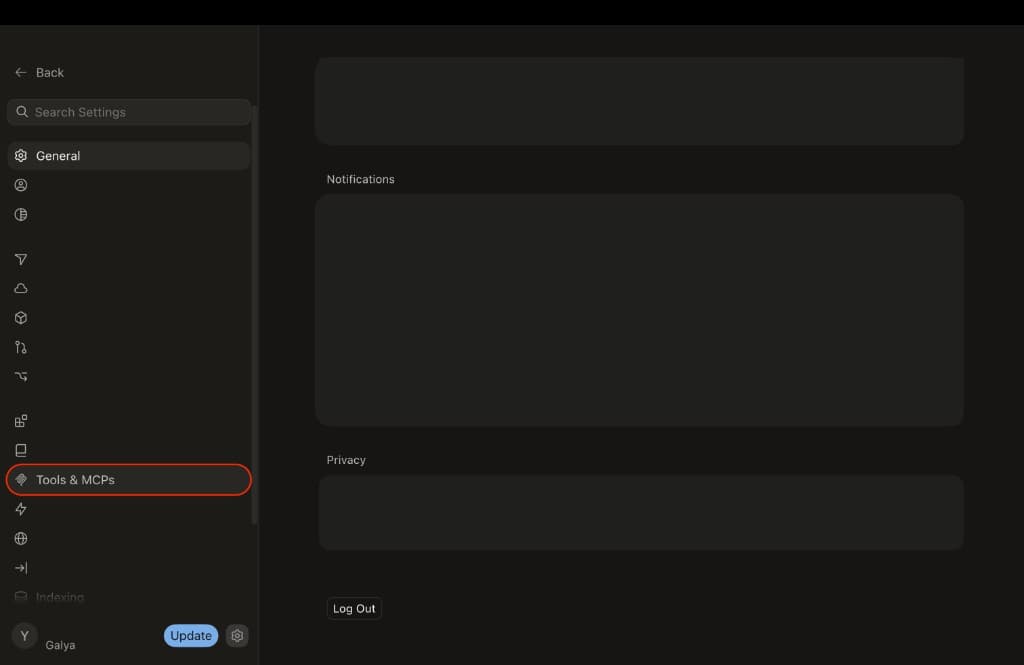 Cursor settings sidebar — Tools & MCPs highlighted