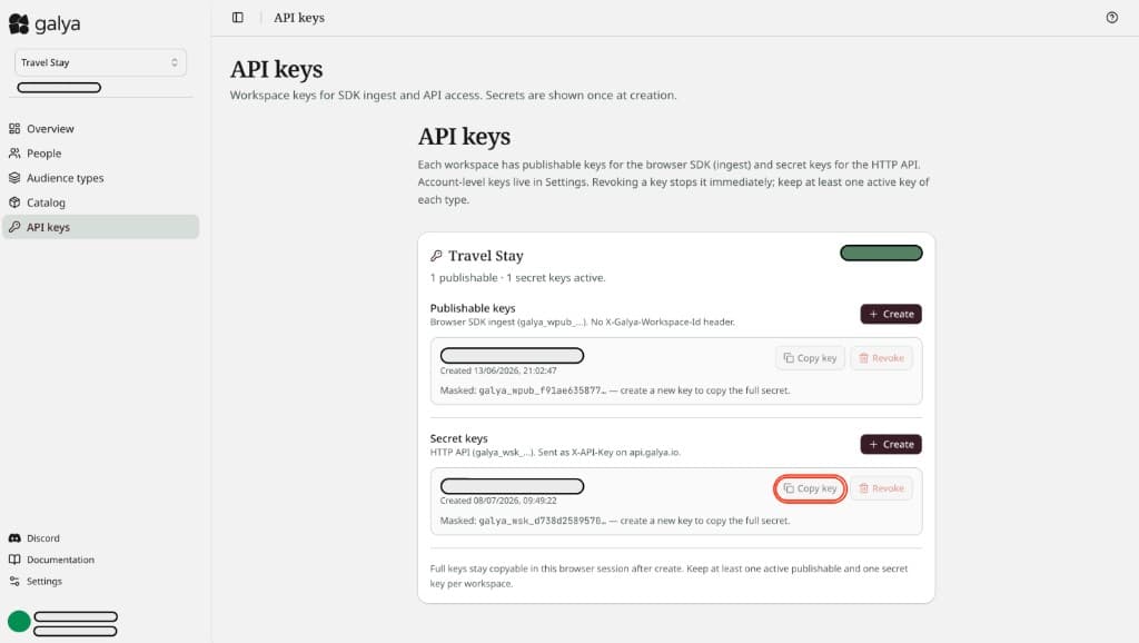 Galya dashboard — API keys section